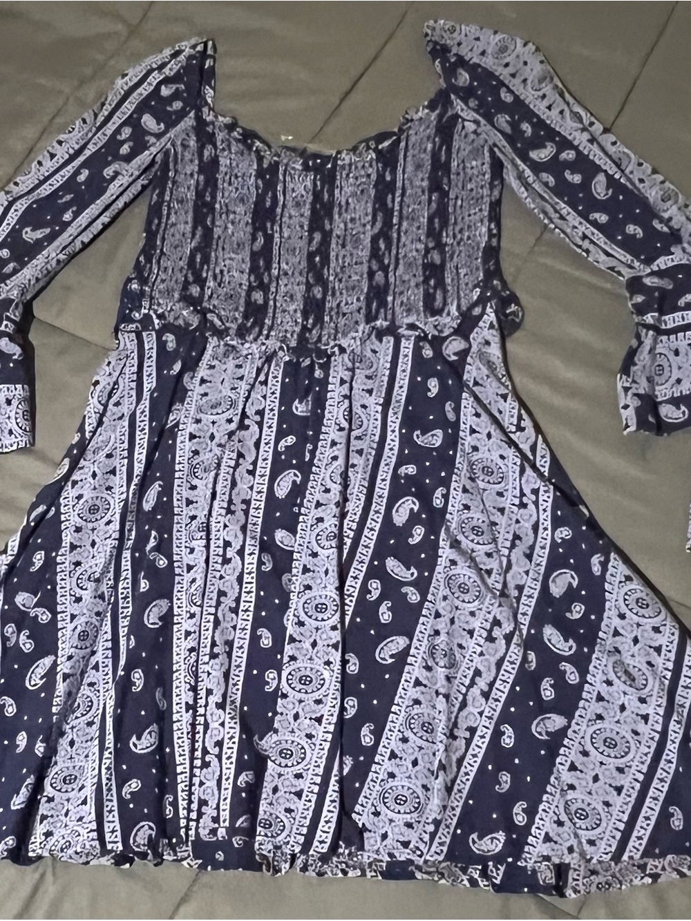 Boho Navy Paisley Long-Sleeve Smocked Dress